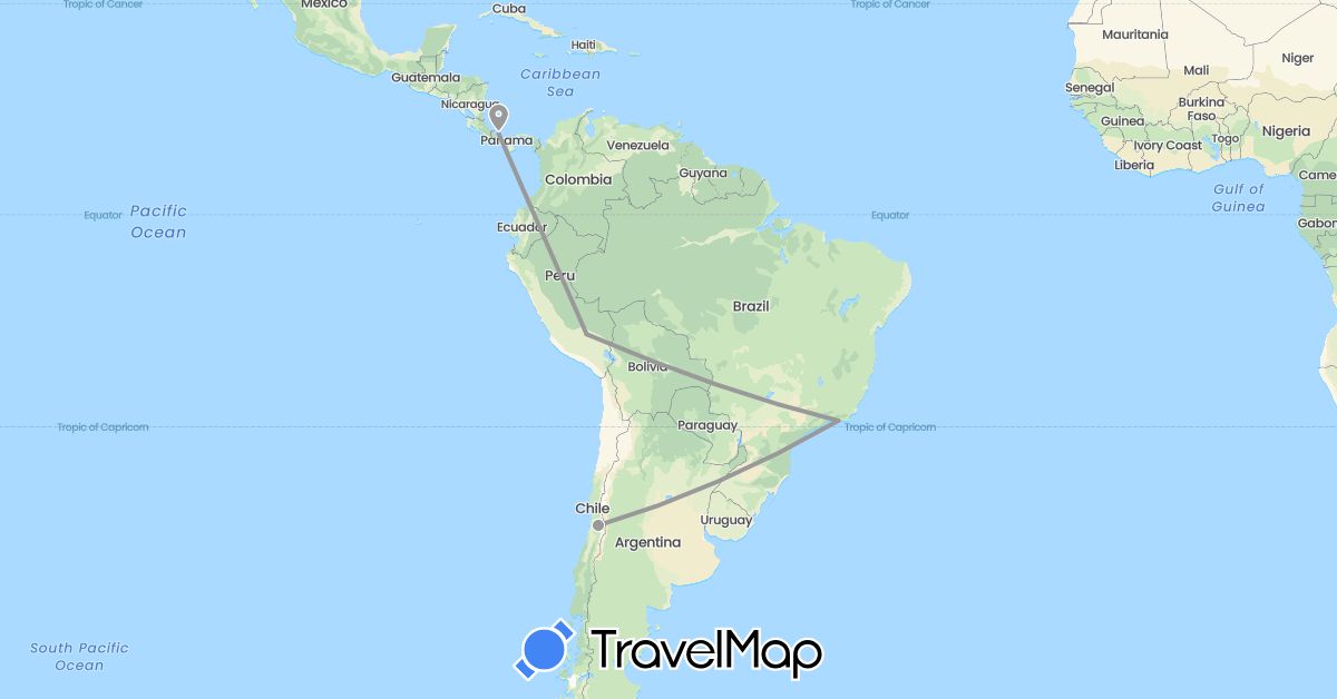 TravelMap itinerary: driving, plane in Brazil, Chile, Panama, Peru (North America, South America)
